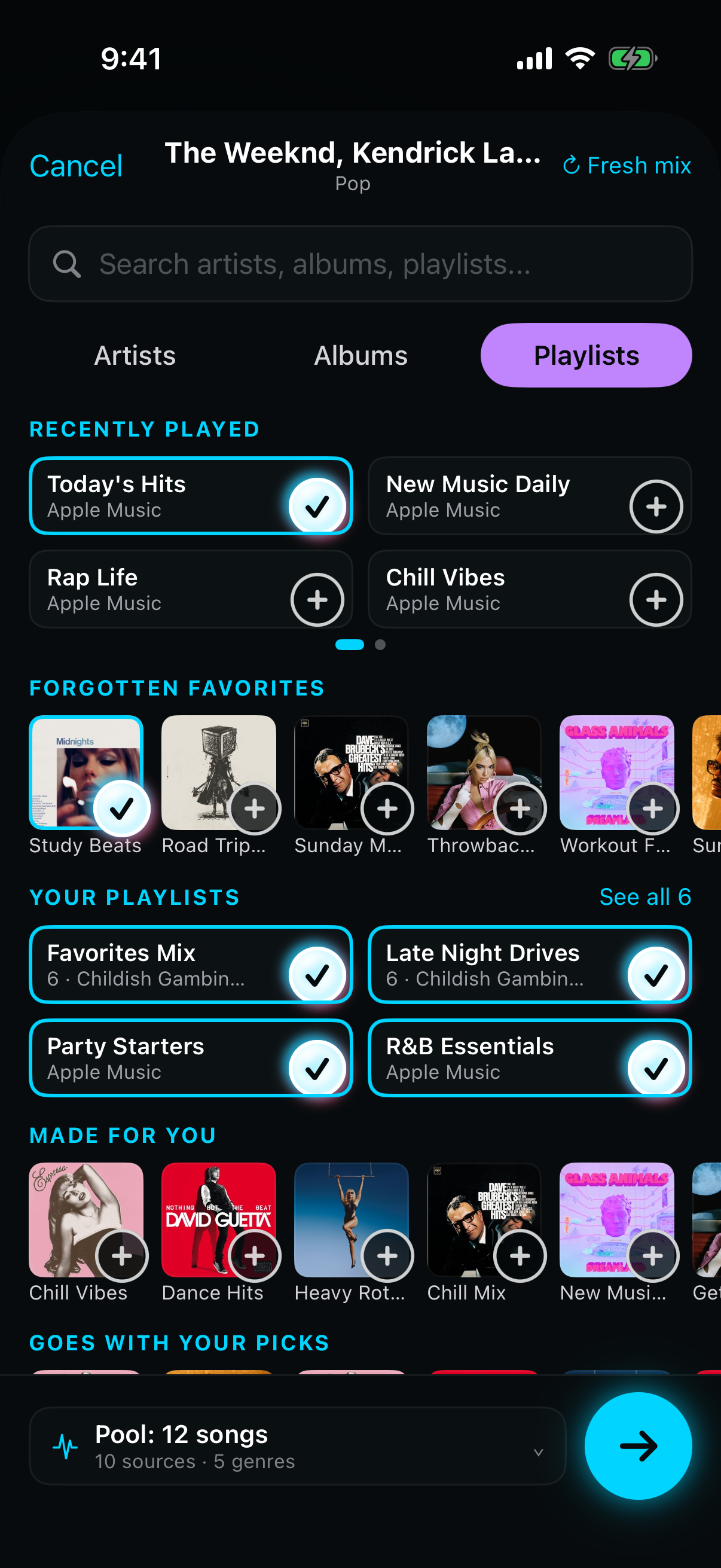 Go Live: the New pool screen, with Artists, Albums and Playlists tabs, recently played artists to add, and the pool bar at the bottom.