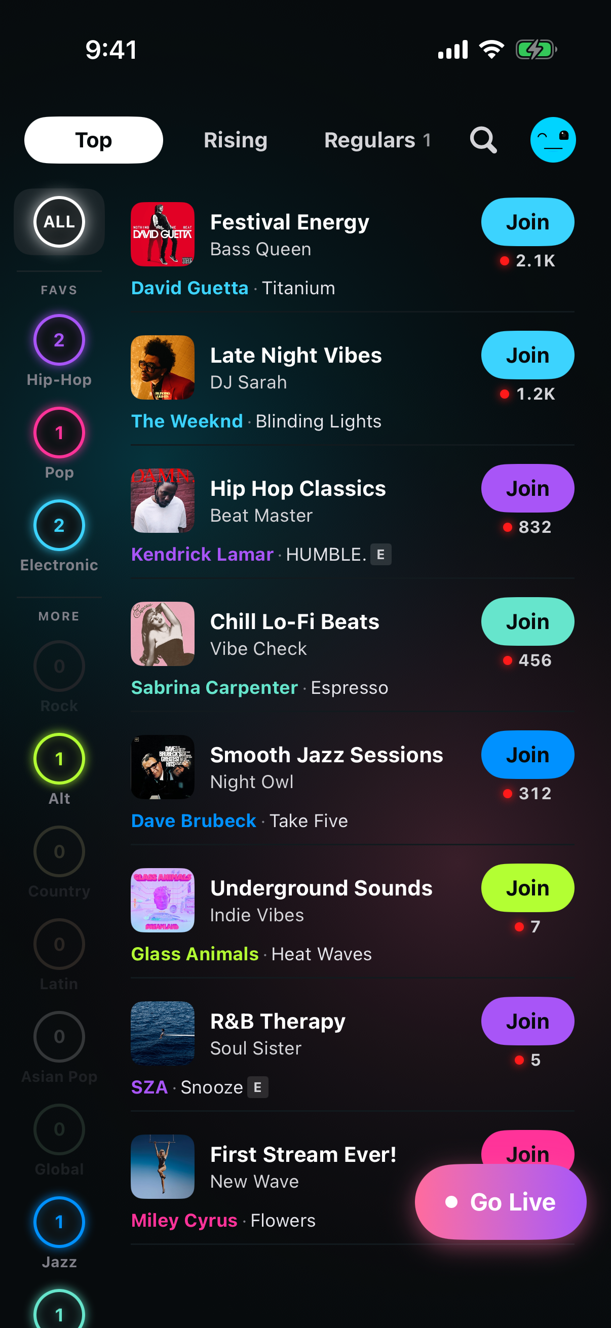 The JYNCS Home screen: Top, Rising and Regulars tabs, a genre rail down the left with live counts, and live streams, each showing the artist and song playing now, a Join button and how many people are listening.