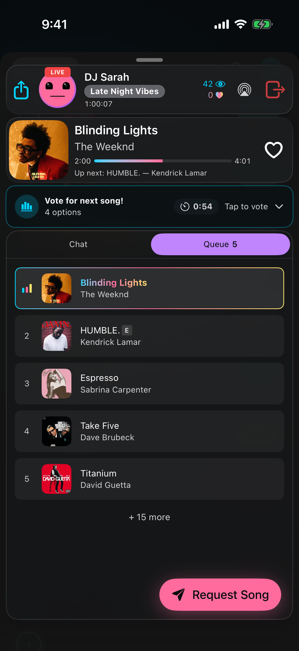 A live stream: the song playing now with a heart button, a vote for the next song, and the upcoming queue with a Request Song button.